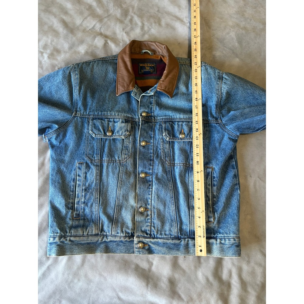 Vintage Woolrich Denim Trucker Jacket Leather Collar Fleece Lined Blue Mens XL - Picture 5 of 8